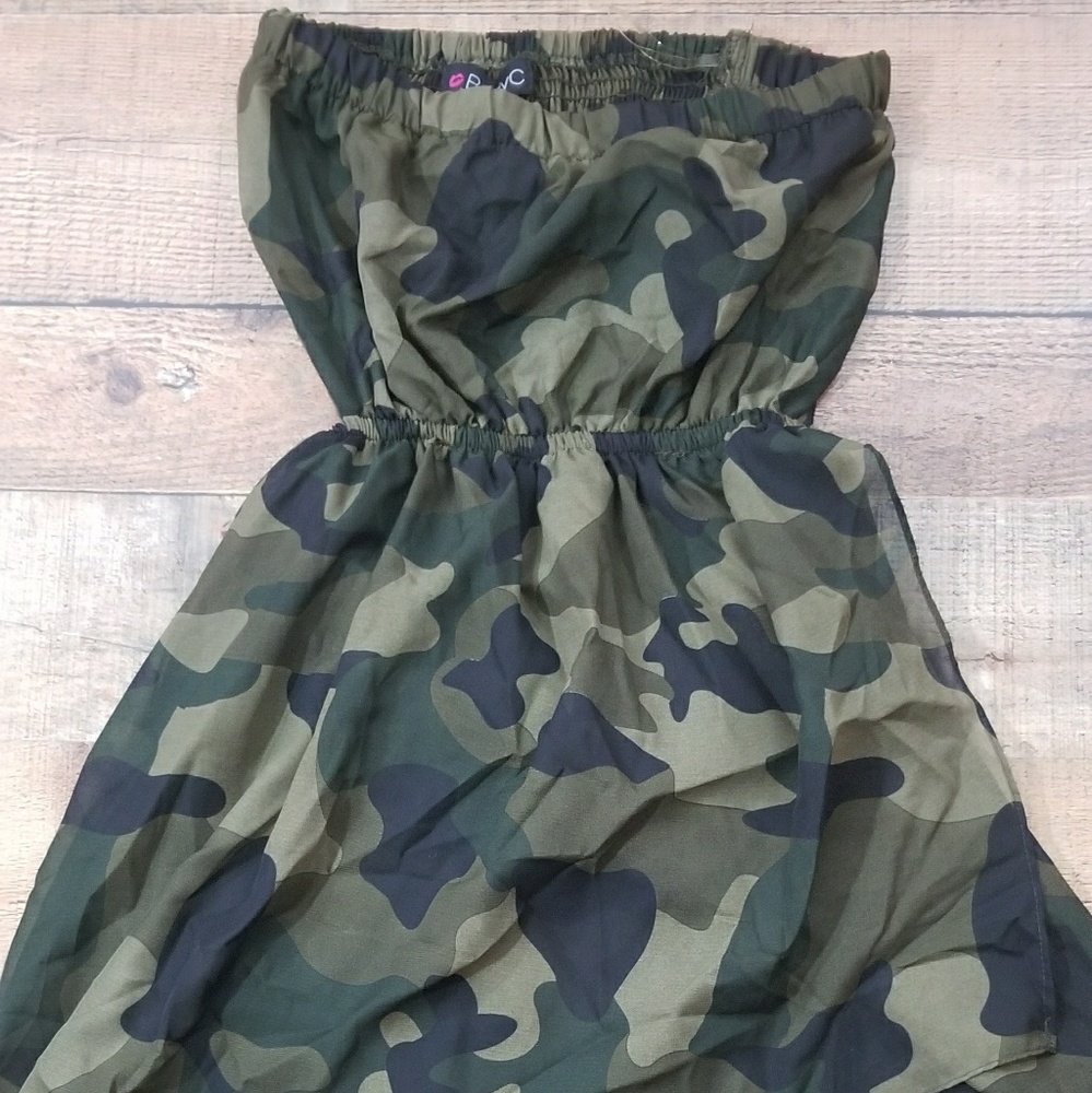 Open back hi low body central camo dress.